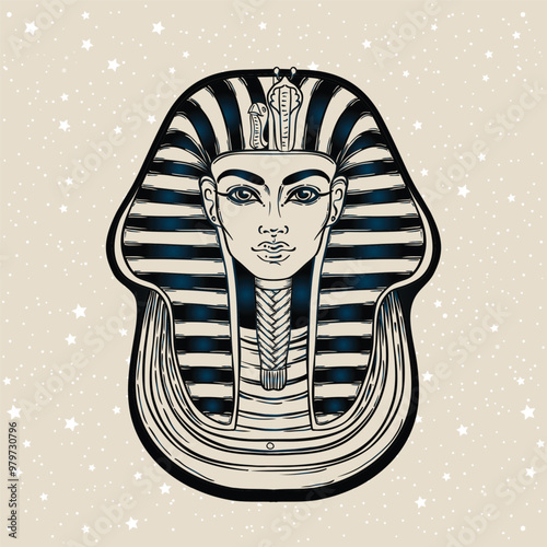 King Tutankhamun mask, ancient Egyptian pharaoh. Hand-drawn vintage vector outline illustration. Tattoo flash, t-shirt or poster design, postcard, coloring book page. Egypt history.