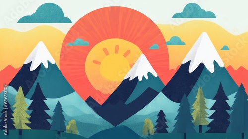 A colorful illustration of a mountain range with snow-capped peaks, a bright sun rising behind them, and a clear sky. This image symbolizes nature, adventure, freedom, optimism, and hope.