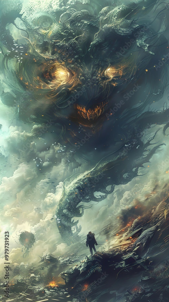 A monstrous creature formed of clouds looms over a lone figure, its gaping maw filled with sharp teeth and glowing eyes. A monstrous creature formed of clouds looms over a lone figure, its gaping maw filled with sharp teeth and glowing eyes.