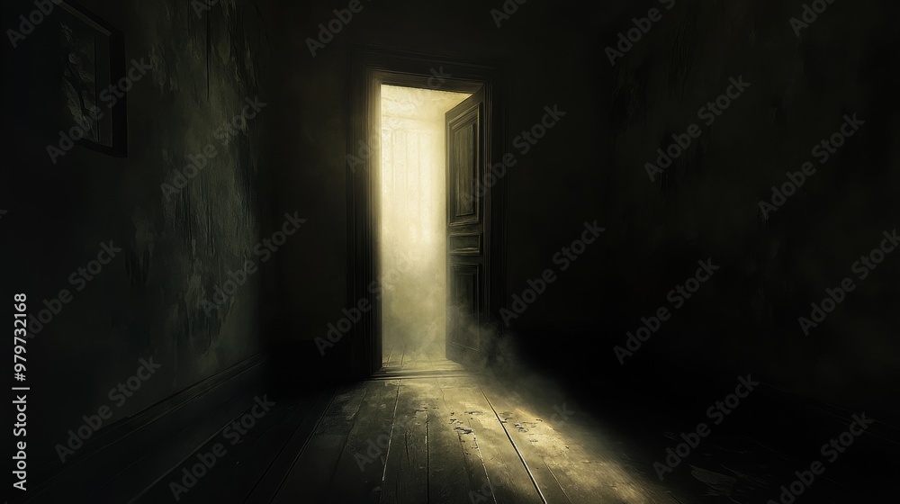 A dimly lit room with a door ajar, revealing a bright light that symbolizes hope, new beginnings, mystery, the unknown, and a pathway to another world. A dimly lit room with a door ajar, revealing a bright light that symbolizes hope, new beginnings, mystery, the unknown, and a pathway to another world.