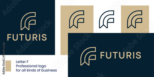 Abstract Letter F Logo Shaped Like an Award Ribbon or Pin Badge.
