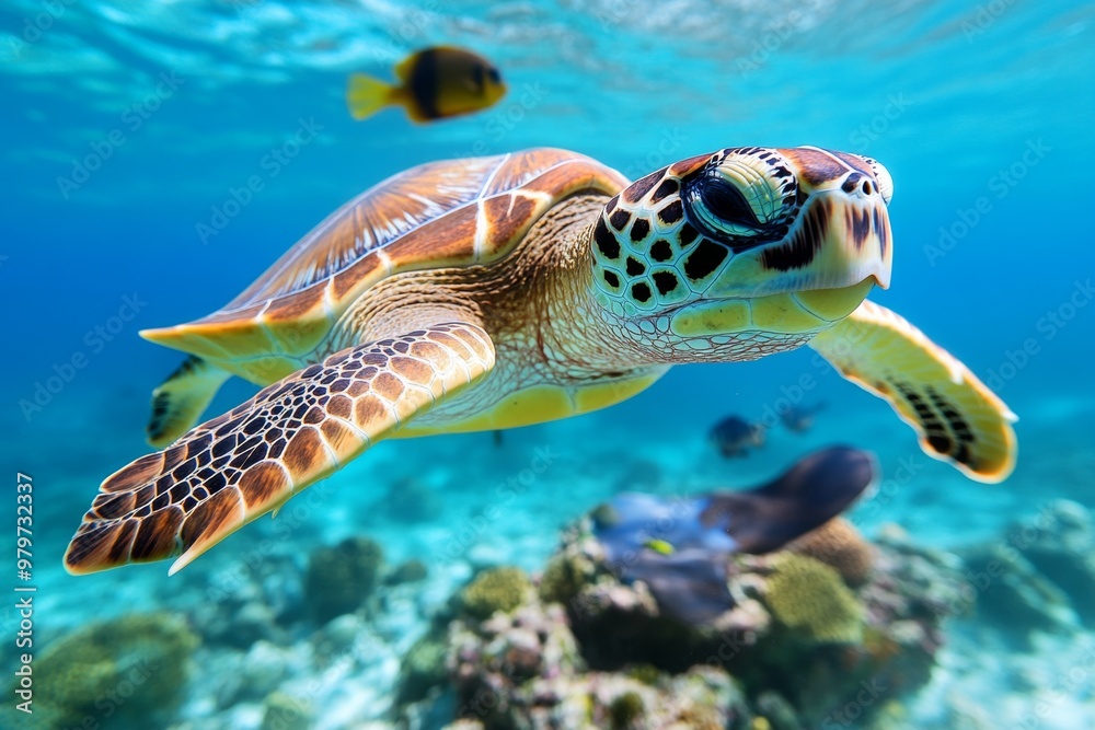 Obraz premium Trinidad and Tobago's diverse marine life, with snorkelers swimming alongside sea turtles, rays, and colorful fish