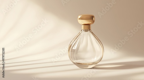 High-resolution clear glass perfume bottle with gold cap, elegant and minimalist, smooth lines, solid color background