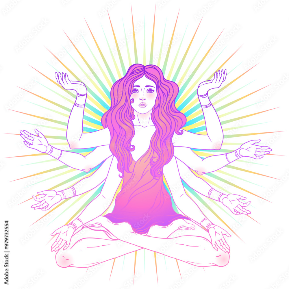 Beautiful woman with long hair and multiple hands sitting in lotus yoga position. Multi-armed goddess is Goddess Lakshmi, the Hindu goddess of wealth, fortune, and prosperity. Vector detailed isolated Beautiful woman with long hair and multiple hands sitting in lotus yoga position. Multi-armed goddess is Goddess Lakshmi, the Hindu goddess of wealth, fortune, and prosperity. Vector detailed isolated