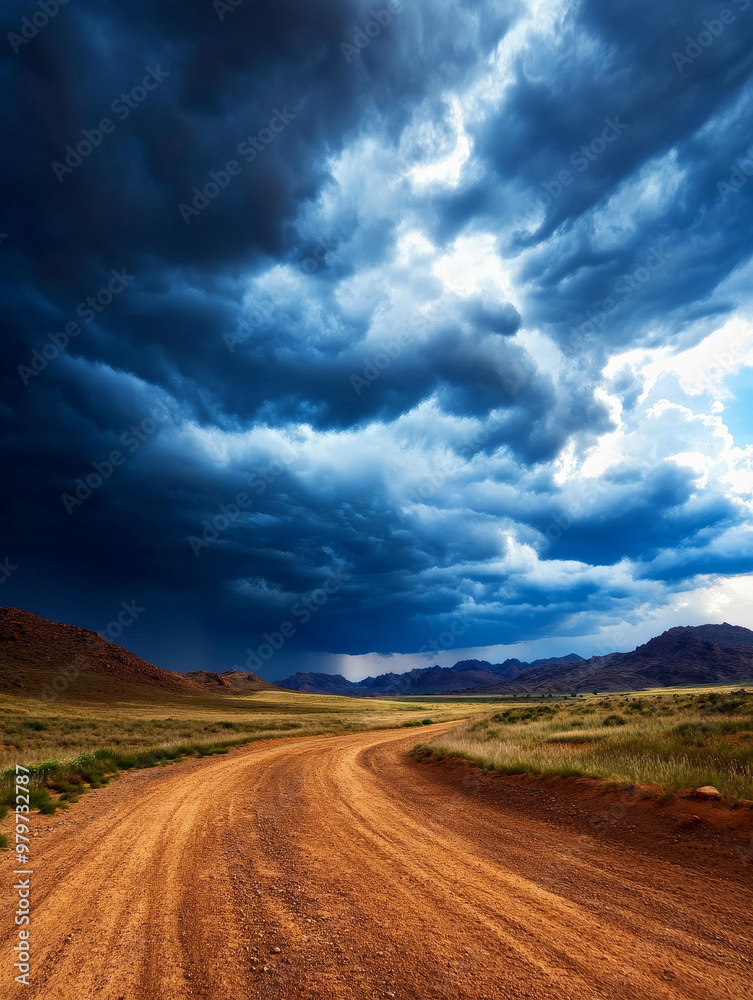 A dramatic stormy sky looms over a winding dirt road in a desert landscape, symbolizing adventure, uncertainty, resilience, nature's power, and the beauty of contrast. A dramatic stormy sky looms over a winding dirt road in a desert landscape, symbolizing adventure, uncertainty, resilience, nature's power, and the beauty of contrast.