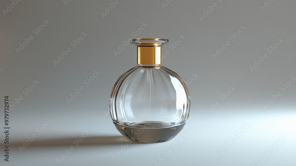 High-resolution image of a clear glass perfume bottle with gold cap, clear surface details, smooth lines, white inner wall High-resolution image of a clear glass perfume bottle with gold cap, clear surface details, smooth lines, white inner wall