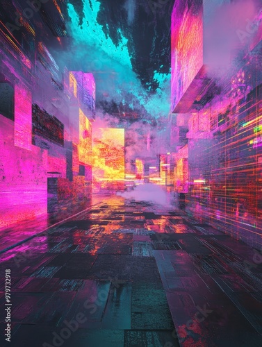 A futuristic cityscape in virtual reality with cyberpunk architecture and glitch effects, symbolizing technology, digital world, innovation, futuristic design, and abstract art.