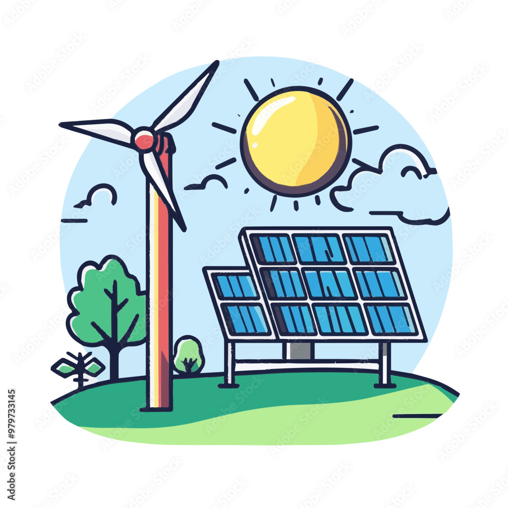 Simple and minimalistic vector icon of solar panels and wind turbine under the sun, ideal for renewable energy and sustainability presentations. Simple and minimalistic vector icon of solar panels and wind turbine under the sun, ideal for renewable energy and sustainability presentations.