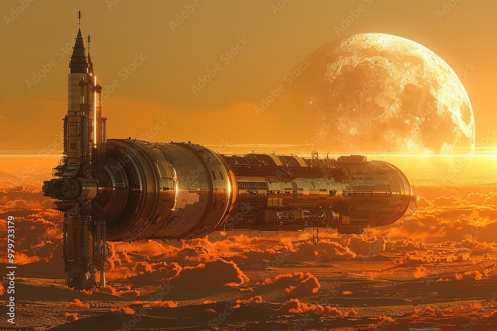 A large space ship is flying through the sky above a planet