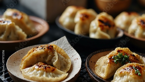 Grilled dumplings on display.