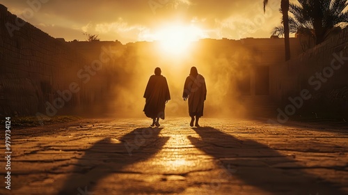 Jesus walking along the road to Emmaus with two disciples, radiant light surrounding them, symbolizing revelation