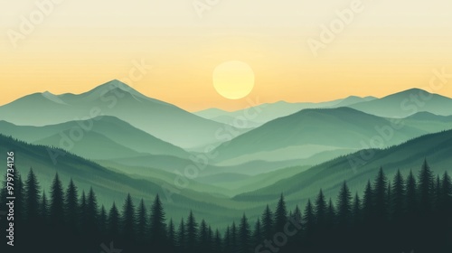 Minimalist Mountain Landscape Illustration with Sunrise and Pine Forest – A Serene Depiction of Green Mountains, Forest Silhouettes, and a Tranquil Sunrise in a Calm, Scenic View