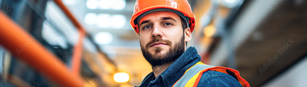 Fototapeta premium A man wearing a hard hat and safety vest stands in a hallway