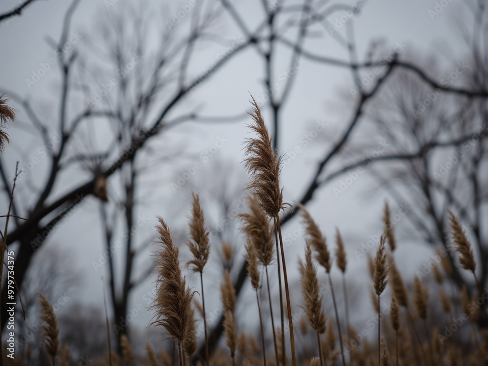 Obraz premium Tall grasses sway gracefully in the wind, set against a backdrop of bare trees, capturing the minimalist and serene landscape of a peaceful, late autumn day.