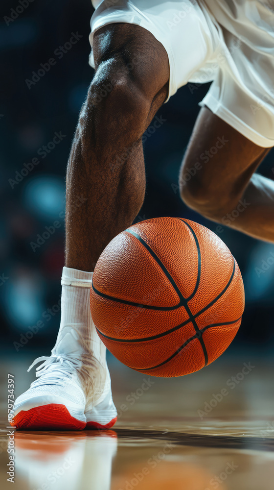 Basketball player dribbling on court. Close-up of ball control. Sports and basketball training concept. Design for poster, banner. Basketball player dribbling on court. Close-up of ball control. Sports and basketball training concept. Design for poster, banner.