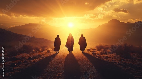 Jesus walking along the road to Emmaus with two disciples, radiant light surrounding them, symbolizing revelation photo