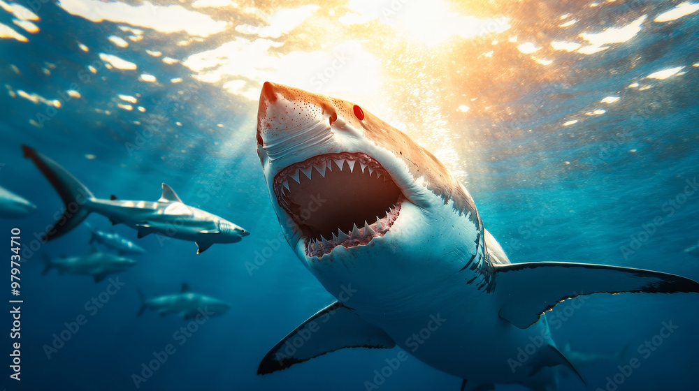 Fototapeta premium A majestic great white shark with its mouth open swims through the clear blue ocean water, sunlight shining above. It represents power, predator, ocean life, wildlife, and nature.