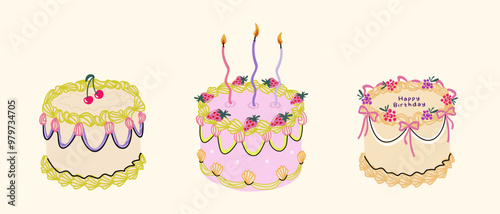 Cakes set with curved candles in coquett trendy style. Flat cute vector elements isolated on white background