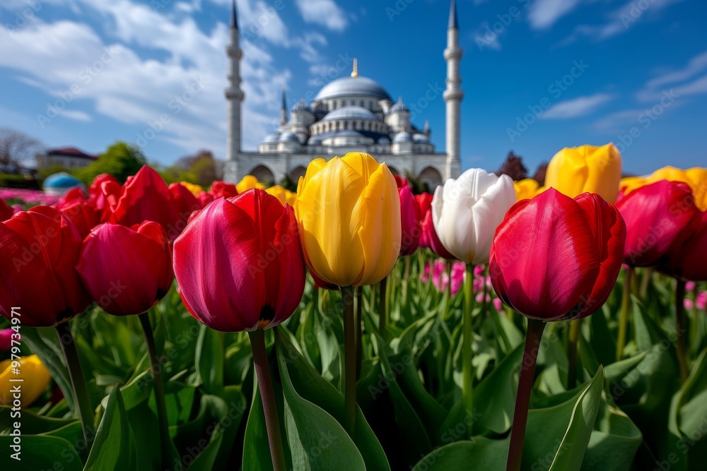 Obraz premium Tulip gardens in Istanbul, where vibrant tulips bloom around historic landmarks like the Blue Mosque
