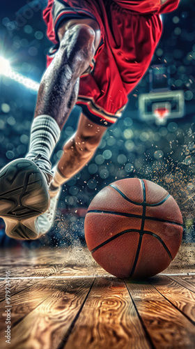 Basketball player dribbling on court. Close-up of ball control. Sports and basketball training concept. Design for poster, banner.
