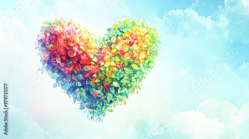 Watercolor Heart of Leaves and Flowers, Connecting Emotions and Nature under a Radiant Sky