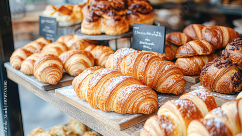 Bakery Shop Window Display Inviting Assortment of Fresh Croissants, Cakes, and Breads