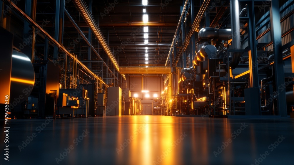 A modern industrial factory interior with an intricate machine and bright overhead lighting, showcasing the scale and power of modern manufacturing. A modern industrial factory interior with an intricate machine and bright overhead lighting, showcasing the scale and power of modern manufacturing.