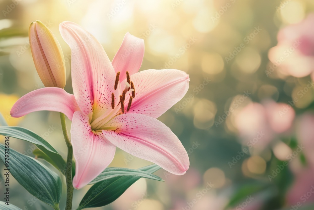 Lilly Flower in Pink, Blooming in Garden with Fresh Green Leaves Lilly Flower in Pink, Blooming in Garden with Fresh Green Leaves