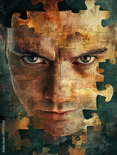 Wallpaper Mural A man's face, made up of puzzle pieces, suggests the complex nature of identity and the challenges of understanding ourselves.  The image evokes mystery, piecing together, self-discovery, and fragment Torontodigital.ca