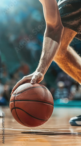 Basketball player dribbling on court. Close-up of ball control. Sports and basketball training concept. Design for poster, banner. photo