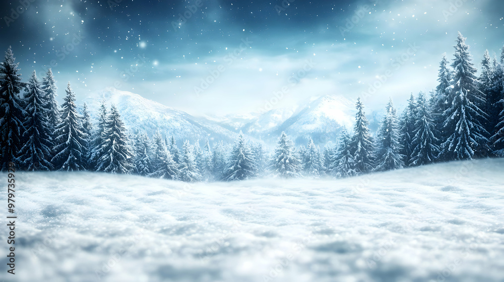 Fototapeta premium Snowy Mountain Range With Evergreen Trees Under a Blue Sky With Falling Snow