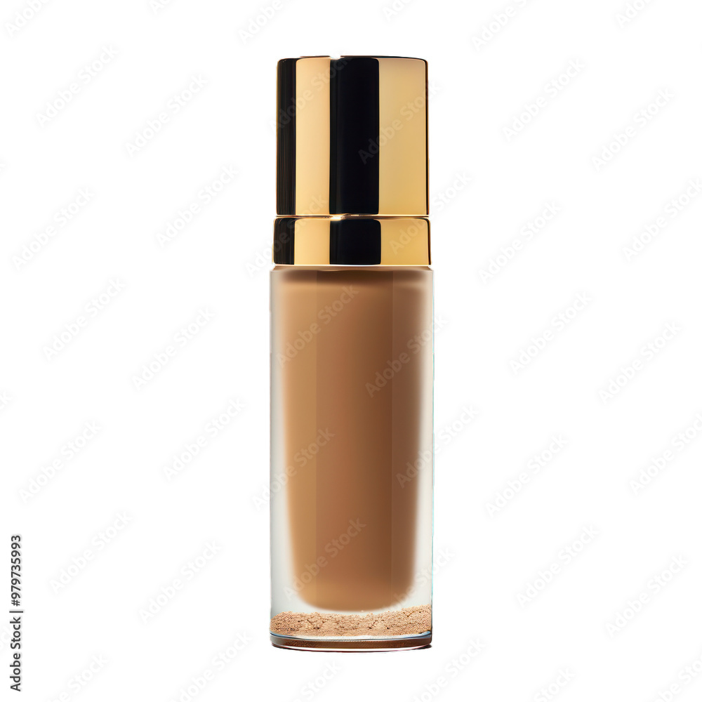 Glass foundation bottle with golden cap standing on white background Glass foundation bottle with golden cap standing on white background
