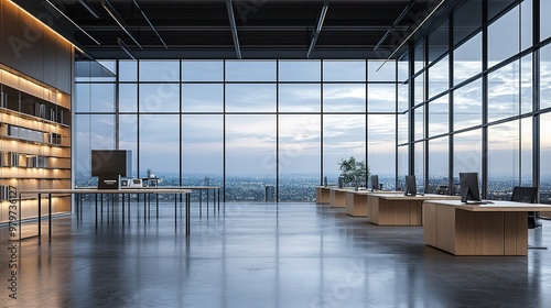 hyper modern tables in perpendicular and grid formation office layout large windows set design tech company