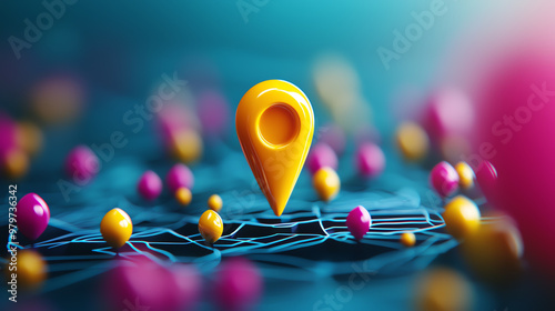 A vibrant digital representation of a map with colorful location markers, symbolizing navigation and connectivity. photo