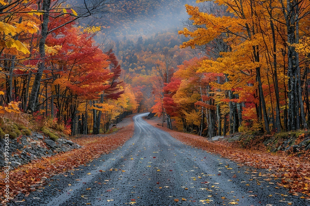 A road with trees on both sides and leaves on the ground A road with trees on both sides and leaves on the ground