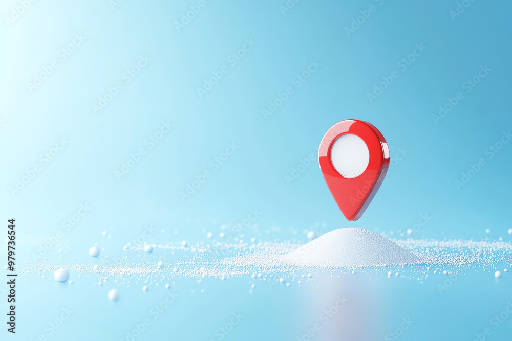A vibrant location pin stands atop a mound of white sand, symbolizing navigation and exploration against a serene blue background. A vibrant location pin stands atop a mound of white sand, symbolizing navigation and exploration against a serene blue background.