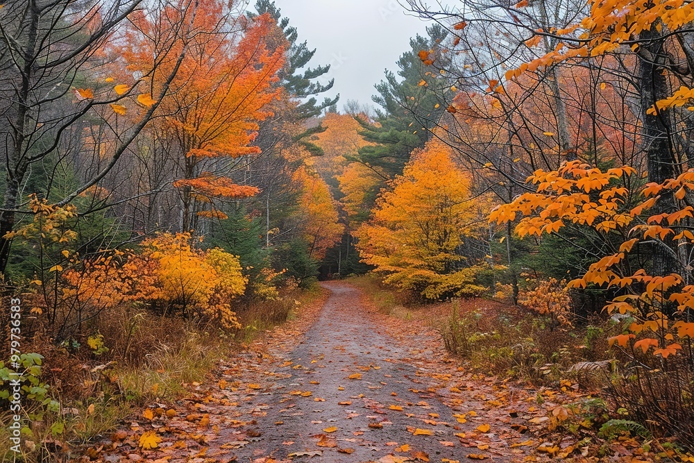 Obraz premium A road in the woods is covered in autumn leaves