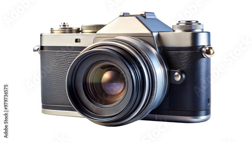 Vintage style digital camera with a lens on a black background, photography technology portrait. photo