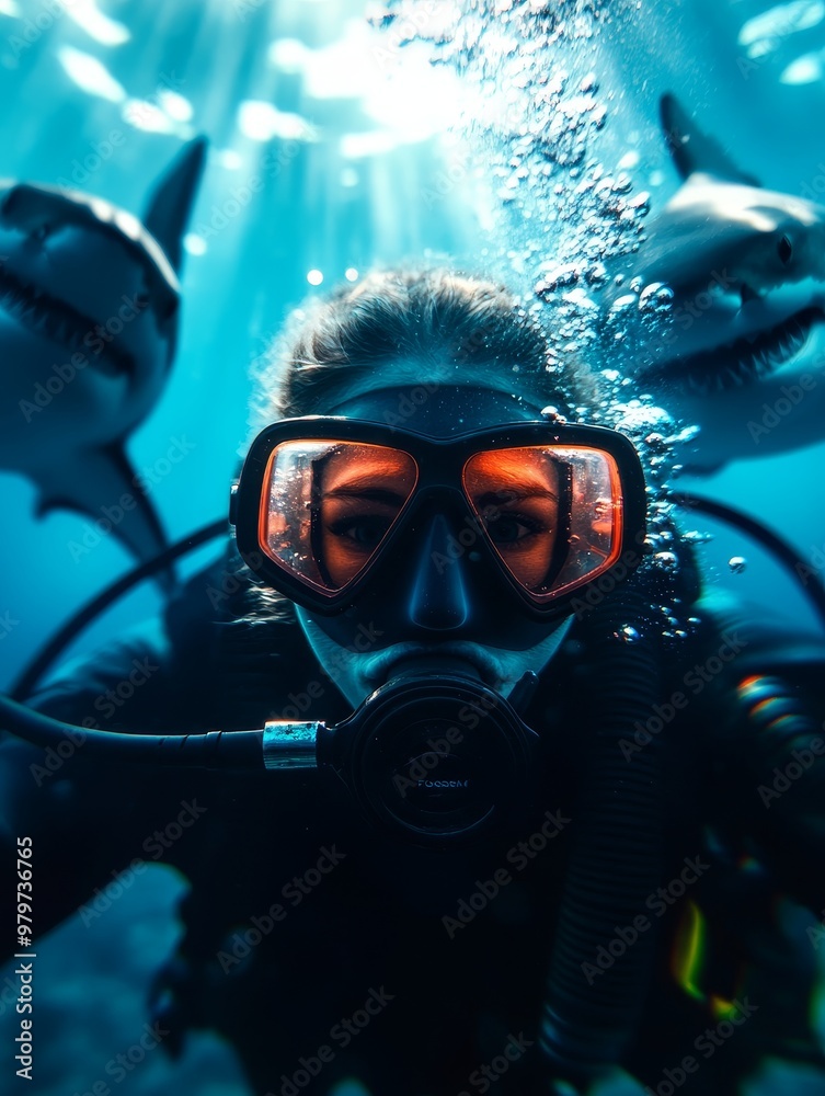 A scuba diver stares intently into the camera with an air of confidence and determination, surrounded by the vibrant blue of the ocean. Sharks swim by, showcasing the thrill and danger of the underwat A scuba diver stares intently into the camera with an air of confidence and determination, surrounded by the vibrant blue of the ocean. Sharks swim by, showcasing the thrill and danger of the underwat