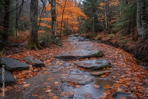 A forest path is covered in leaves and rocks photo