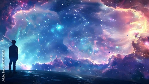 A person stands on a celestial landscape, gazing at a vibrant, colorful nebula filled with stars and cosmic clouds.