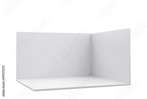 Vector 3D exhibition booth. Showroom. Square corner. Empty geometric square. Blank box template. White blank exhibition stand. Presentation event room.
