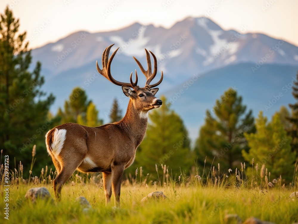 Fototapeta premium A majestic deer stands gracefully in a grassy field with towering mountains in the background, capturing the beauty and tranquility of wildlife and nature in a pristine landscape.