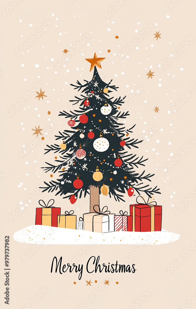 Φωτογραφία Minimalist illustration of a Christmas tree, gifts, and decorations with the tex