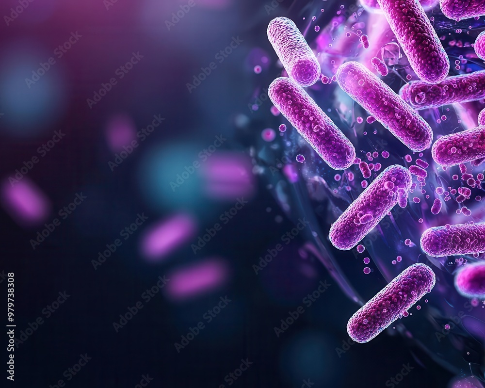 Bifidobacteria under a microscope, glowing particles symbolizing health benefits of probiotics
