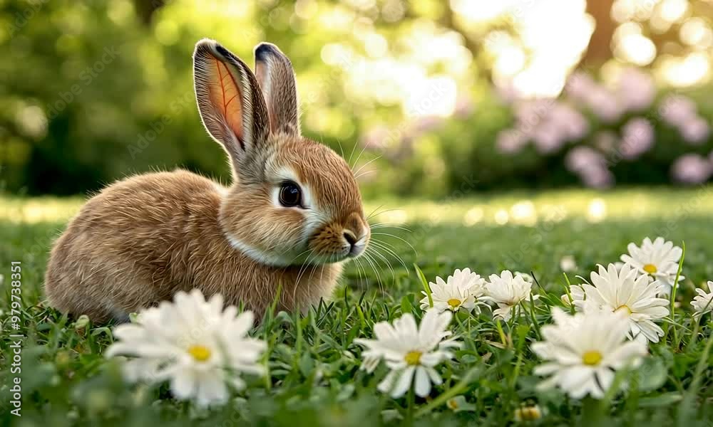 A curious young rabbit hops through a vibrant garden filled with blooming daisies, basking in the warm glow of the morning sun while enjoying nature A curious young rabbit hops through a vibrant garden filled with blooming daisies, basking in the warm glow of the morning sun while enjoying nature