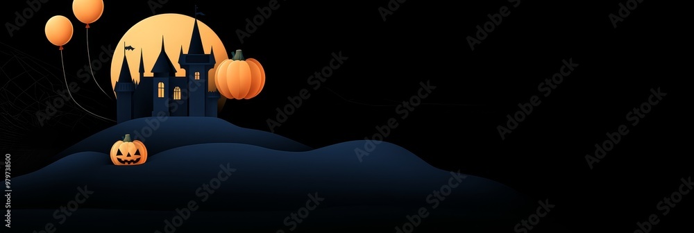 A spooky silhouette of a haunted castle with a full moon, pumpkins, and balloons flying overhead, perfect for Halloween decorations. A spooky silhouette of a haunted castle with a full moon, pumpkins, and balloons flying overhead, perfect for Halloween decorations.