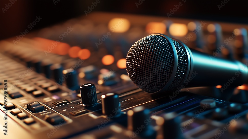 A microphone lying flat on top of an audio system, showcasing the smooth metallic surface and detailed mesh grille. A microphone lying flat on top of an audio system, showcasing the smooth metallic surface and detailed mesh grille.