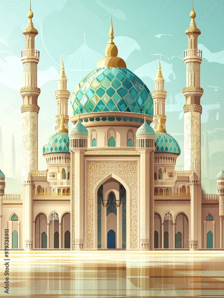 Obraz premium A stunning illustration of a grand mosque with intricate details and a serene atmosphere, showcasing the beauty of Islamic architecture. The mosque features multiple domes, minarets, and arches, refle
