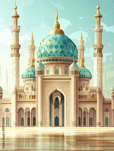 A stunning illustration of a grand mosque with intricate details and a serene atmosphere, showcasing the beauty of Islamic architecture. The mosque features multiple domes, minarets, and arches, refle photo